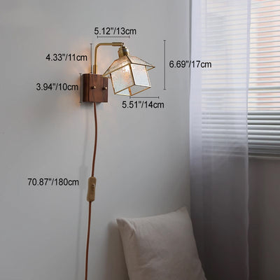 Contemporary Retro Wood Copper Glass Adjustable House Zipper 1-Light Wall Sconce Lamp For Bedside