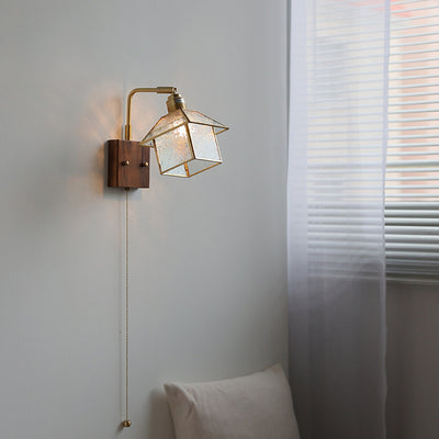 Contemporary Retro Wood Copper Glass Adjustable House Zipper 1-Light Wall Sconce Lamp For Bedside