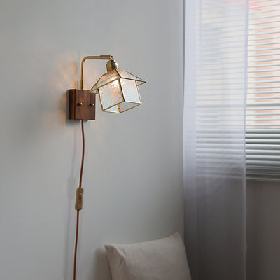 Contemporary Retro Wood Copper Glass Adjustable House Zipper 1-Light Wall Sconce Lamp For Bedside