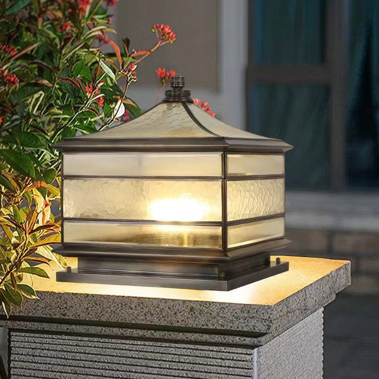 Traditional Chinese Solar Waterproof Copper Frosted Glass Pointed Cylinder Square LED Landscape Lighting Outdoor Light For Outdoor Patio