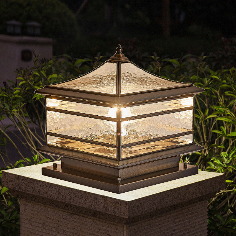 Traditional Chinese Solar Waterproof Copper Frosted Glass Pointed Cylinder Square LED Landscape Lighting Outdoor Light For Outdoor Patio