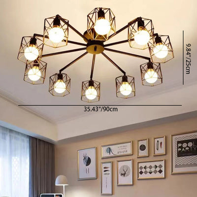 Contemporary Industrial Iron Hollowed Cage Geometric 3/5/6/8/10 Light Semi-Flush Mount Ceiling Light For Living Room