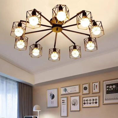 Contemporary Industrial Iron Hollowed Cage Geometric 3/5/6/8/10 Light Semi-Flush Mount Ceiling Light For Living Room