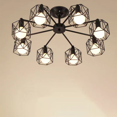 Contemporary Industrial Iron Hollowed Cage Geometric 3/5/6/8/10 Light Semi-Flush Mount Ceiling Light For Living Room