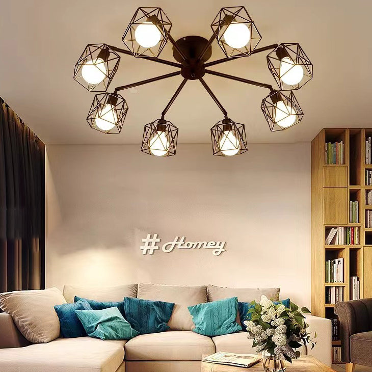 Contemporary Industrial Iron Hollowed Cage Geometric 3/5/6/8/10 Light Semi-Flush Mount Ceiling Light For Living Room