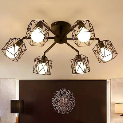 Contemporary Industrial Iron Hollowed Cage Geometric 3/5/6/8/10 Light Semi-Flush Mount Ceiling Light For Living Room