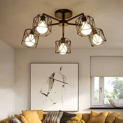 Contemporary Industrial Iron Hollowed Cage Geometric 3/5/6/8/10 Light Semi-Flush Mount Ceiling Light For Living Room