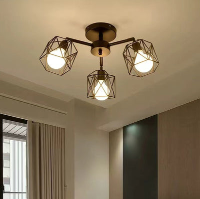 Contemporary Industrial Iron Hollowed Cage Geometric 3/5/6/8/10 Light Semi-Flush Mount Ceiling Light For Living Room