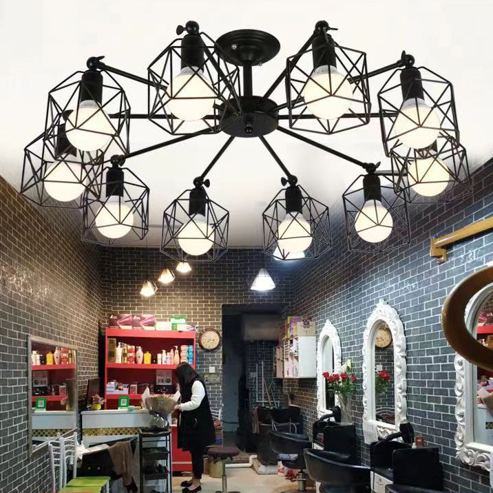 Contemporary Industrial Iron Hollowed Cage Geometric 3/5/6/8/10 Light Semi-Flush Mount Ceiling Light For Living Room