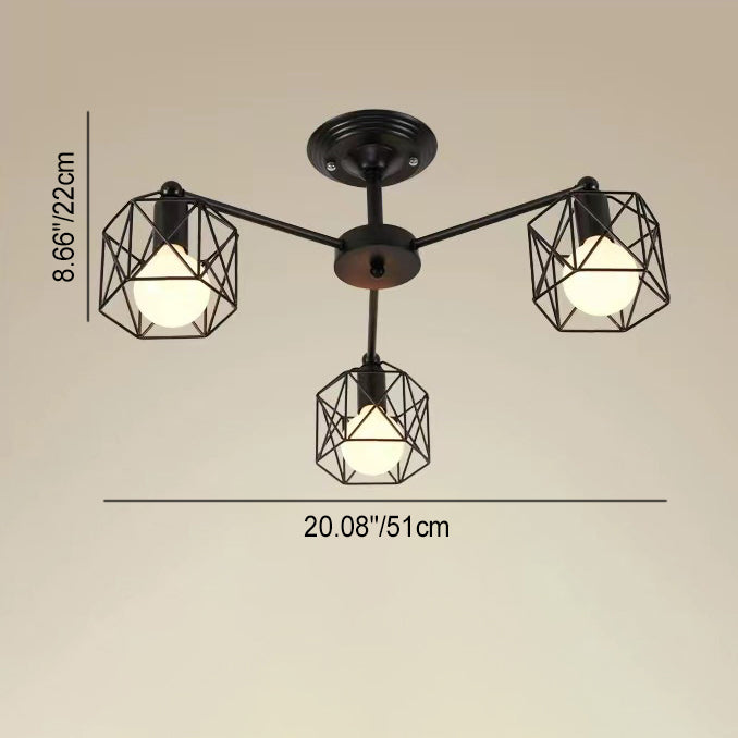 Contemporary Industrial Iron Hollowed Cage Geometric 3/5/6/8/10 Light Semi-Flush Mount Ceiling Light For Living Room