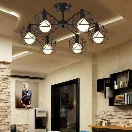 Contemporary Industrial Iron Hollowed Cage Geometric 3/5/6/8/10 Light Semi-Flush Mount Ceiling Light For Living Room