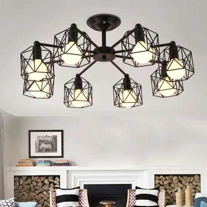 Contemporary Industrial Iron Hollowed Cage Geometric 3/5/6/8/10 Light Semi-Flush Mount Ceiling Light For Living Room