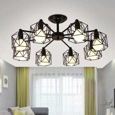 Contemporary Industrial Iron Hollowed Cage Geometric 3/5/6/8/10 Light Semi-Flush Mount Ceiling Light For Living Room