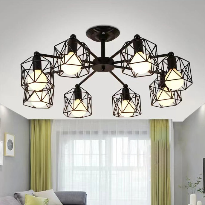 Contemporary Industrial Iron Hollowed Cage Geometric 3/5/6/8/10 Light Semi-Flush Mount Ceiling Light For Living Room