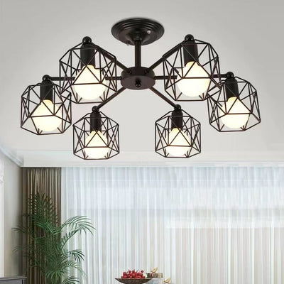 Contemporary Industrial Iron Hollowed Cage Geometric 3/5/6/8/10 Light Semi-Flush Mount Ceiling Light For Living Room