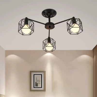 Contemporary Industrial Iron Hollowed Cage Geometric 3/5/6/8/10 Light Semi-Flush Mount Ceiling Light For Living Room