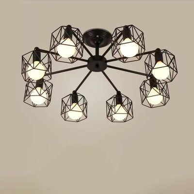 Contemporary Industrial Iron Hollowed Cage Geometric 3/5/6/8/10 Light Semi-Flush Mount Ceiling Light For Living Room