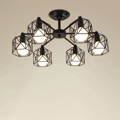 Contemporary Industrial Iron Hollowed Cage Geometric 3/5/6/8/10 Light Semi-Flush Mount Ceiling Light For Living Room