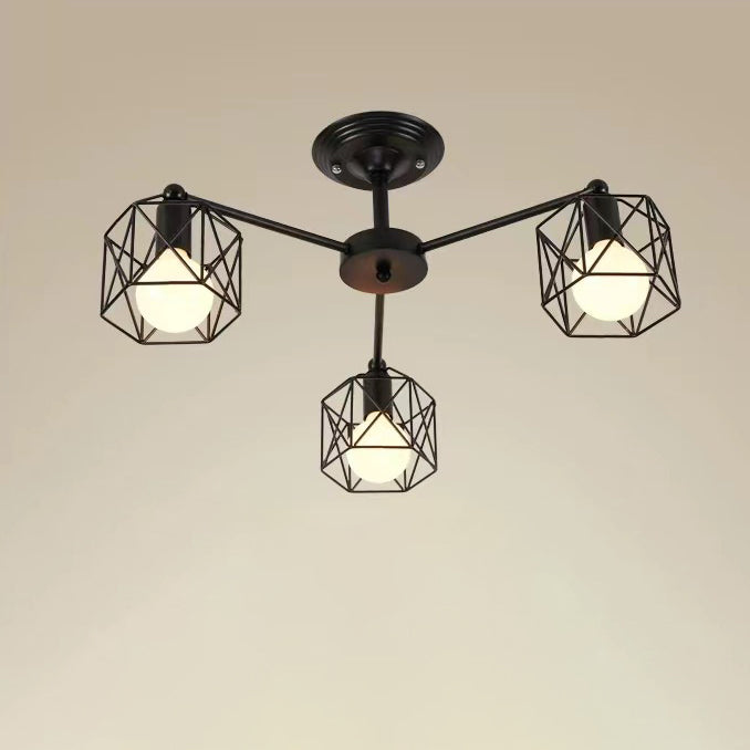 Contemporary Industrial Iron Hollowed Cage Geometric 3/5/6/8/10 Light Semi-Flush Mount Ceiling Light For Living Room