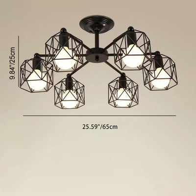 Contemporary Industrial Iron Hollowed Cage Geometric 3/5/6/8/10 Light Semi-Flush Mount Ceiling Light For Living Room