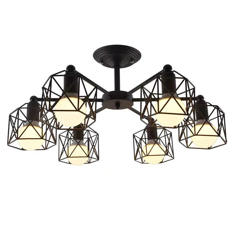 Contemporary Industrial Iron Hollowed Cage Geometric 3/5/6/8/10 Light Semi-Flush Mount Ceiling Light For Living Room