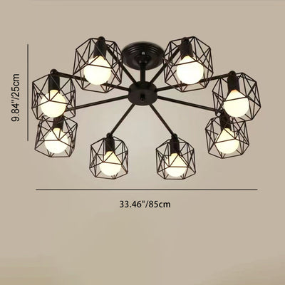 Contemporary Industrial Iron Hollowed Cage Geometric 3/5/6/8/10 Light Semi-Flush Mount Ceiling Light For Living Room