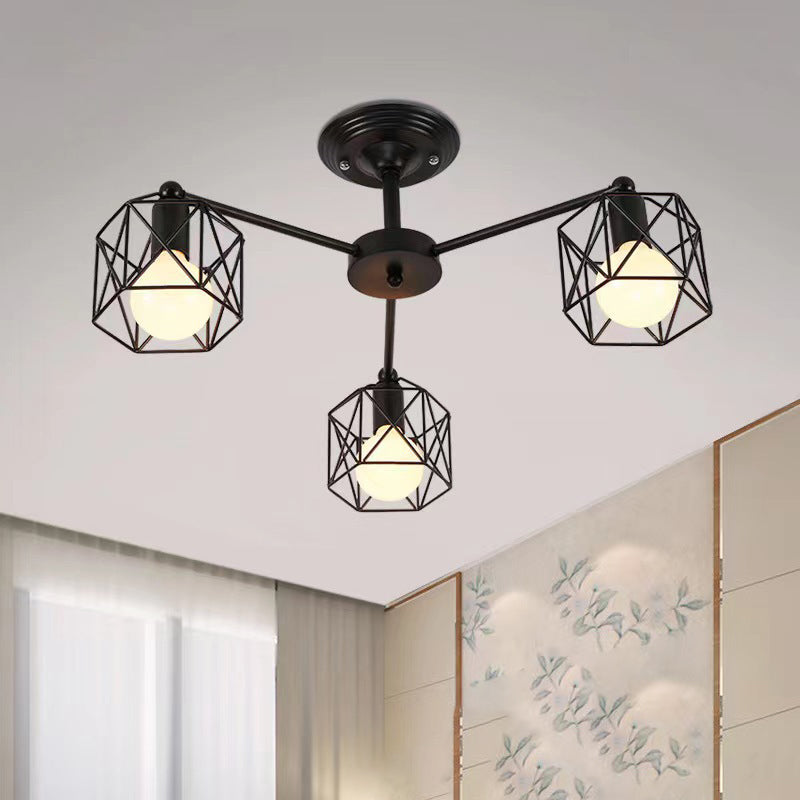 Contemporary Industrial Iron Hollowed Cage Geometric 3/5/6/8/10 Light Semi-Flush Mount Ceiling Light For Living Room