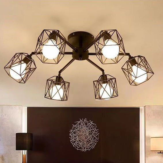 Contemporary Industrial Iron Hollowed Cage Geometric 3/5/6/8/10 Light Semi-Flush Mount Ceiling Light For Living Room