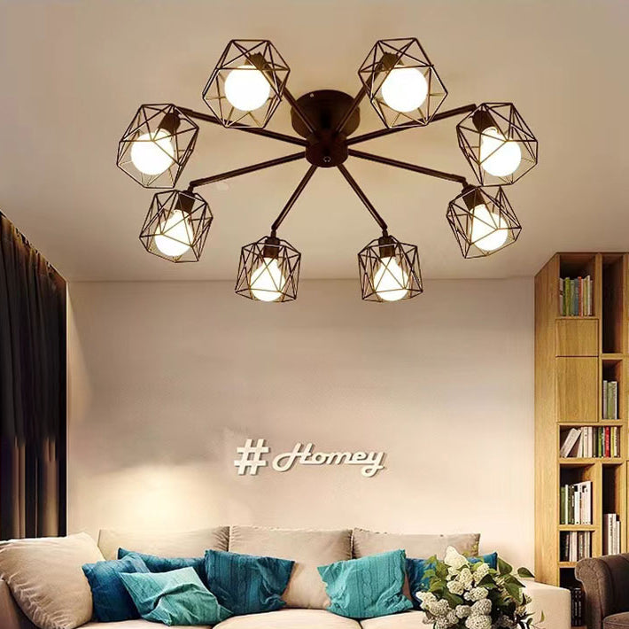 Contemporary Industrial Iron Hollowed Cage Geometric 3/5/6/8/10 Light Semi-Flush Mount Ceiling Light For Living Room