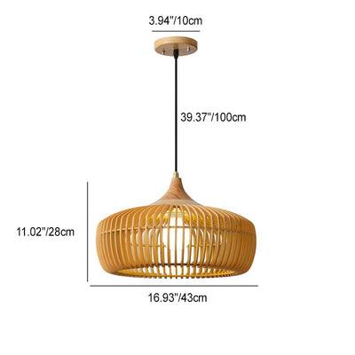 Traditional Japanese Brass Wood Hollowed Lantern Round 1-Light Pendant Light For Dining Room