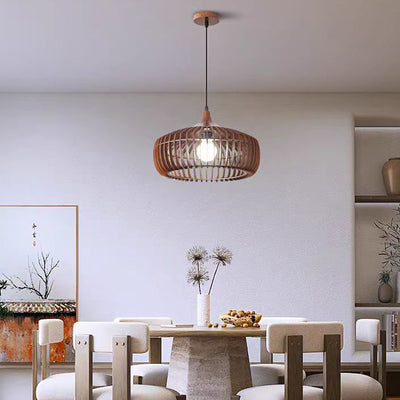 Traditional Japanese Brass Wood Hollowed Lantern Round 1-Light Pendant Light For Dining Room