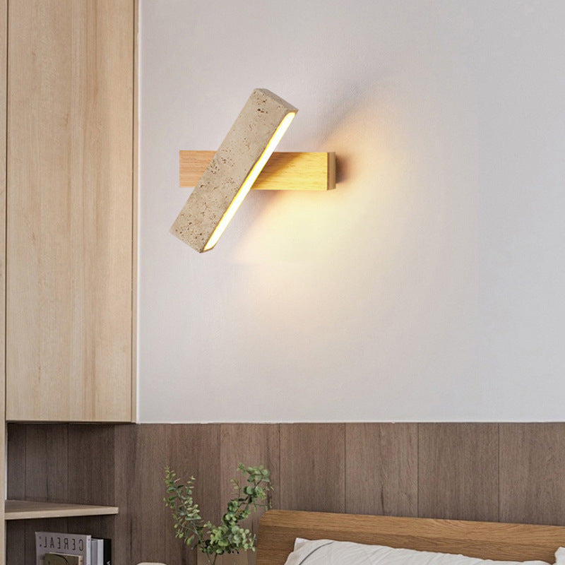 Traditional Japanese Travertine Wood Rotatable Rectangular LED Wall Sconce Lamp For Bedside