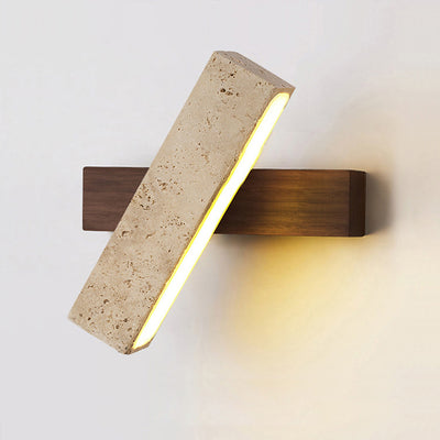 Traditional Japanese Travertine Wood Rotatable Rectangular LED Wall Sconce Lamp For Bedside