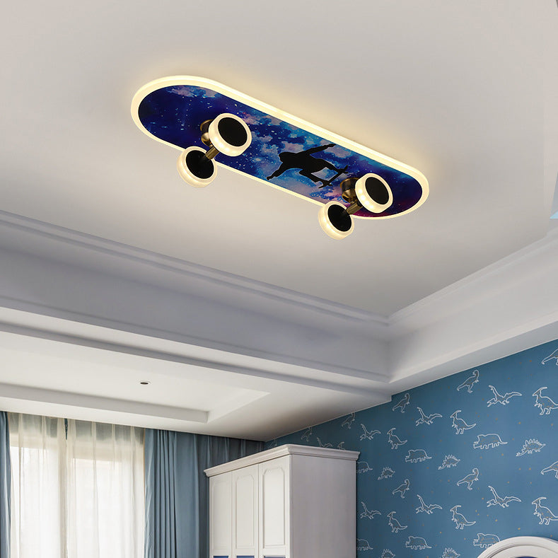 Contemporary Creative Kids Iron Acrylic Elliptical Skateboard LED Flush Mount Ceiling Light For Bedroom