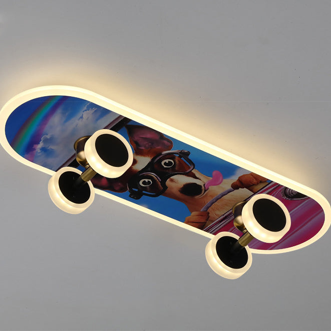 Contemporary Creative Kids Iron Acrylic Elliptical Skateboard LED Flush Mount Ceiling Light For Bedroom