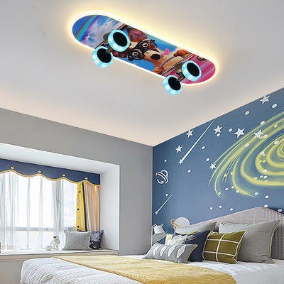 Contemporary Creative Kids Iron Acrylic Elliptical Skateboard LED Flush Mount Ceiling Light For Bedroom