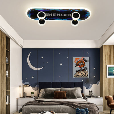 Contemporary Creative Kids Iron Acrylic Elliptical Skateboard LED Flush Mount Ceiling Light For Bedroom