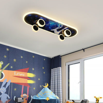 Contemporary Creative Kids Iron Acrylic Elliptical Skateboard LED Flush Mount Ceiling Light For Bedroom