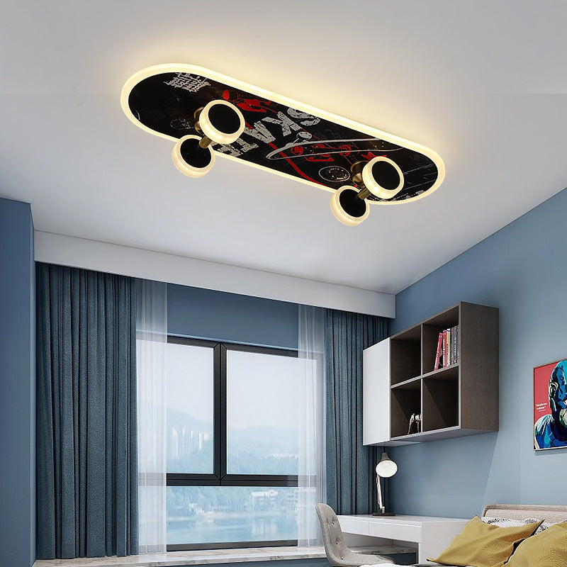 Contemporary Creative Kids Iron Acrylic Elliptical Skateboard LED Flush Mount Ceiling Light For Bedroom