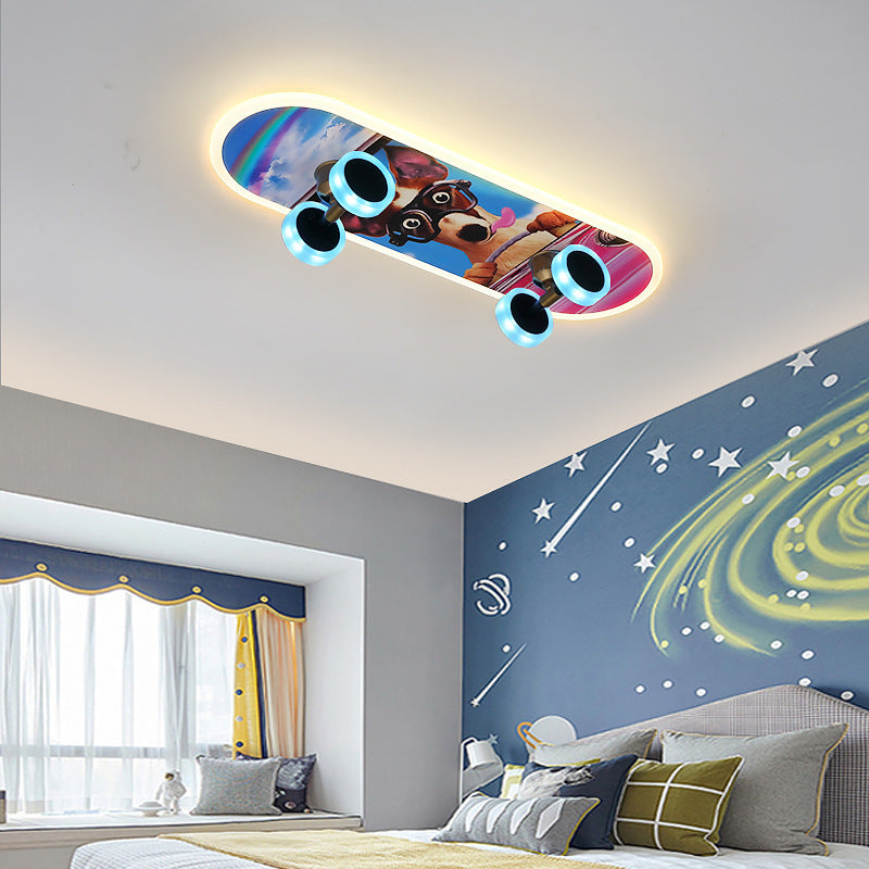 Contemporary Creative Kids Iron Acrylic Elliptical Skateboard LED Flush Mount Ceiling Light For Bedroom