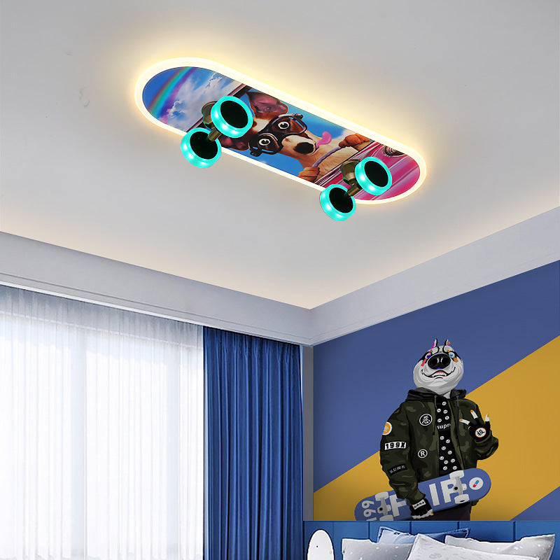 Contemporary Creative Kids Iron Acrylic Elliptical Skateboard LED Flush Mount Ceiling Light For Bedroom