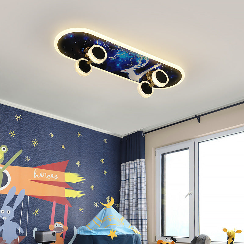 Contemporary Creative Kids Iron Acrylic Elliptical Skateboard LED Flush Mount Ceiling Light For Bedroom