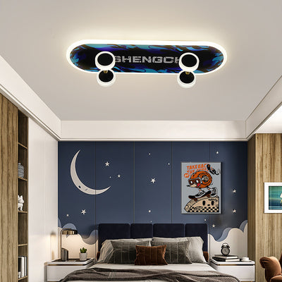 Contemporary Creative Kids Iron Acrylic Elliptical Skateboard LED Flush Mount Ceiling Light For Bedroom