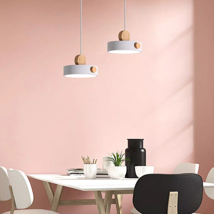 Contemporary Scandinavian Metal Rubber Wood Acrylic Round LED Pendant Light For Dining Room