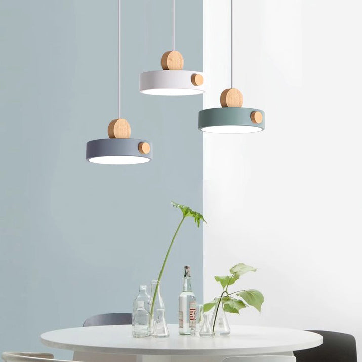 Contemporary Scandinavian Metal Rubber Wood Acrylic Round LED Pendant Light For Dining Room