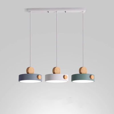 Contemporary Scandinavian Metal Rubber Wood Acrylic Round LED Pendant Light For Dining Room