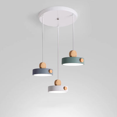 Contemporary Scandinavian Metal Rubber Wood Acrylic Round LED Pendant Light For Dining Room