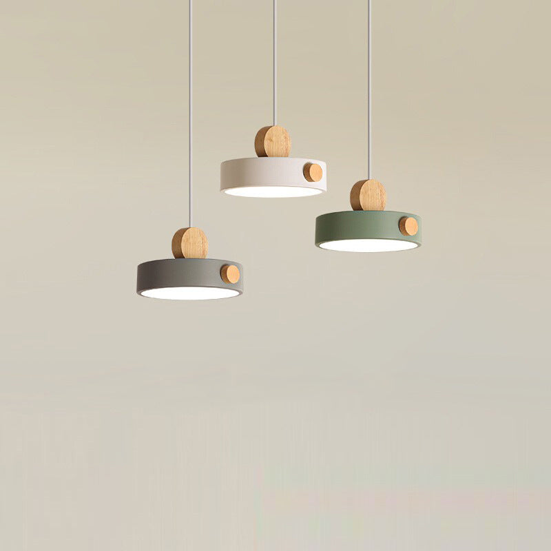 Contemporary Scandinavian Metal Rubber Wood Acrylic Round LED Pendant Light For Dining Room