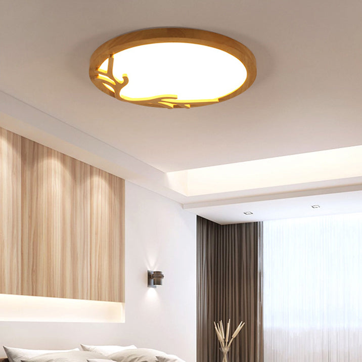 Traditional Rustic Metal Rubber Wood Acrylic Round Deer Horn LED Flush Mount Ceiling Light For Bedroom