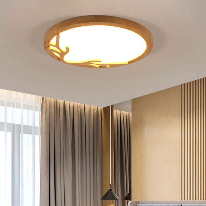 Traditional Rustic Metal Rubber Wood Acrylic Round Deer Horn LED Flush Mount Ceiling Light For Bedroom